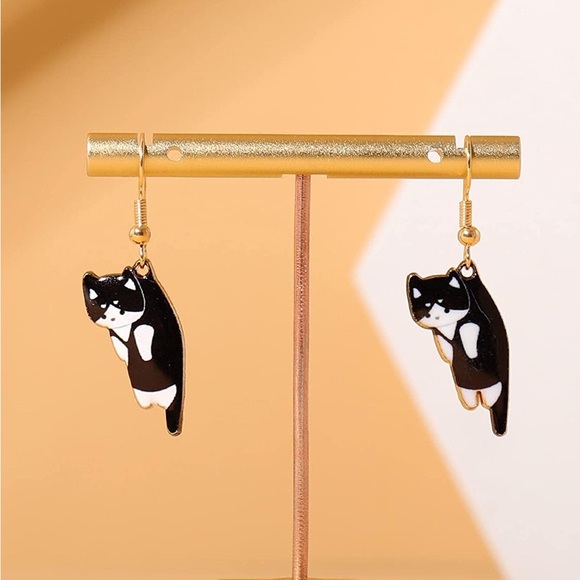 Hanging Tuxedo Cat Earrings - Picture 2 of 2
